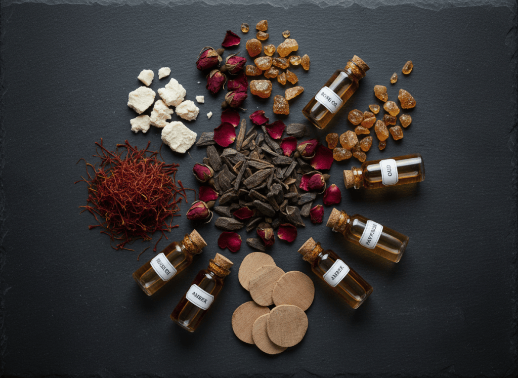 Overhead flat-lay editorial photograph of raw perfume ingredients: oud wood chips, dried roses, amber resin, musk, sandalwood, saffron threads, and vials of essential oil arranged artfully on a dark stone surface. Moody, elegant, warm tones. No text.